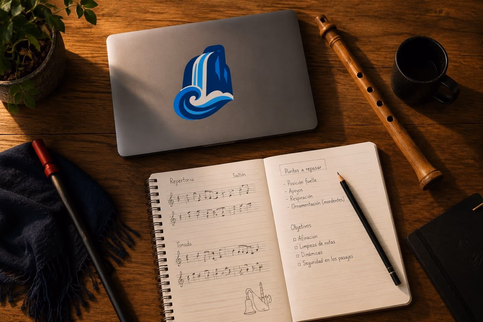 Cuadernu de repertoriu personalizáu con anotaciones a mano de tin whistle y gaita asturiana, xunto a los instrumentos y un portátil col logo de la plataforma propia d'EMTI Fervienza