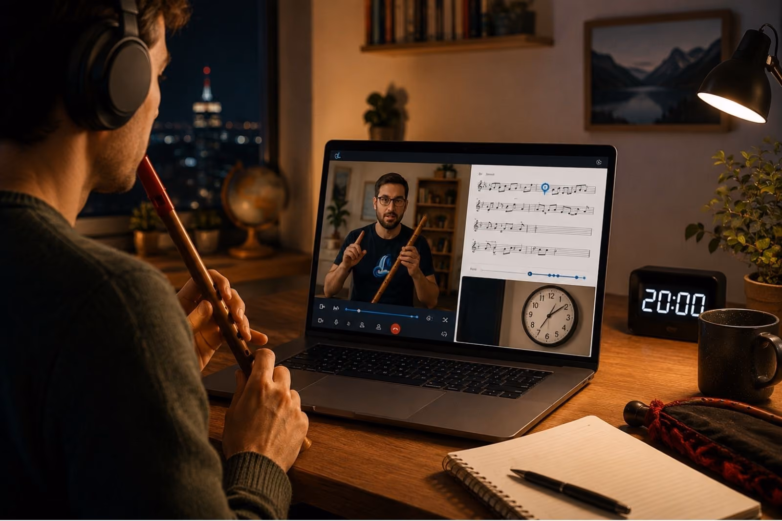 Mockup d'un élève casque sur les oreilles jouant du tin whistle pendant un cours en direct de nuit, avec une horloge de bureau affichant 20h00 près de l'ordinateur portable