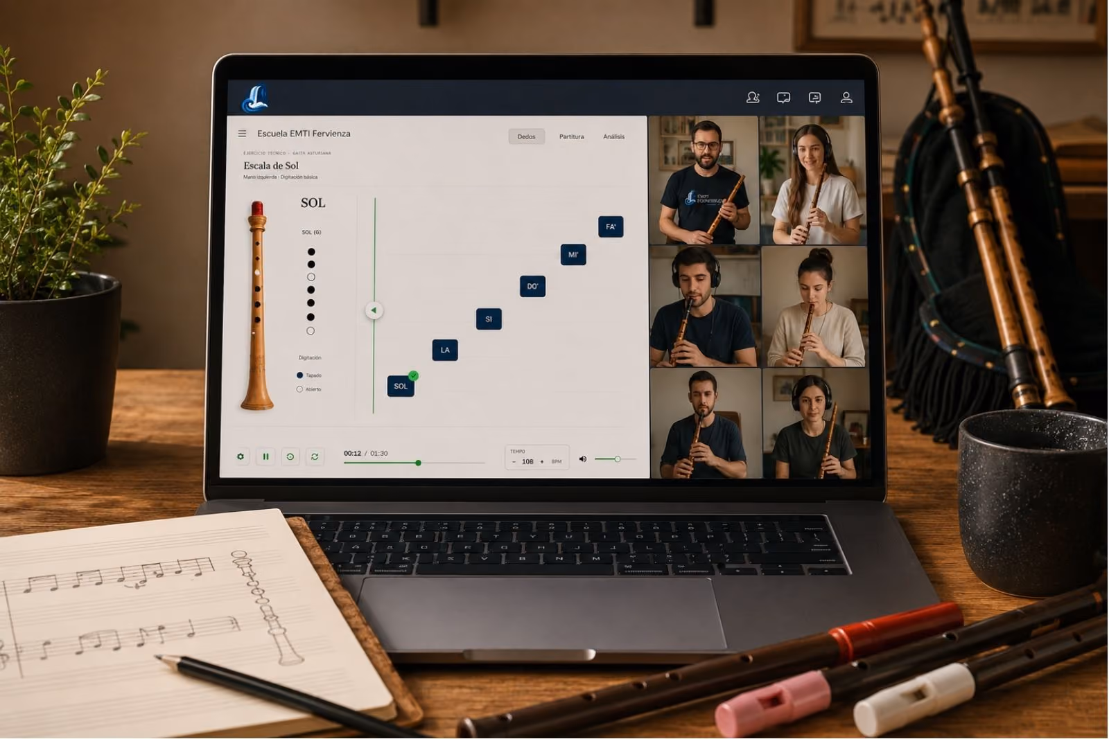Mockup de una Clase Grupal de gaita asturiana y tin whistle en EMTI Fervienza, con vista de la plataforma propia en desarrollo
