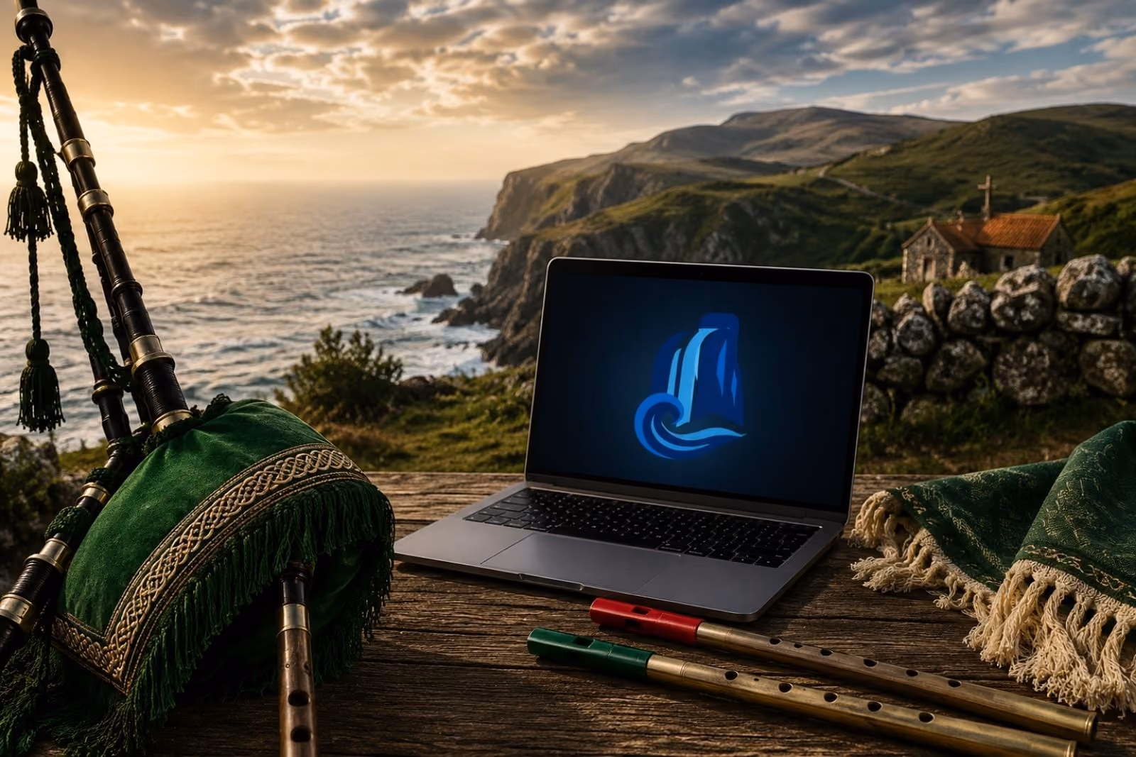 Gaita asturiana de fuelle verde y dos tin whistle sobre una mesa de madera, con un paisaje de costa atlántica y acantilados al fondo