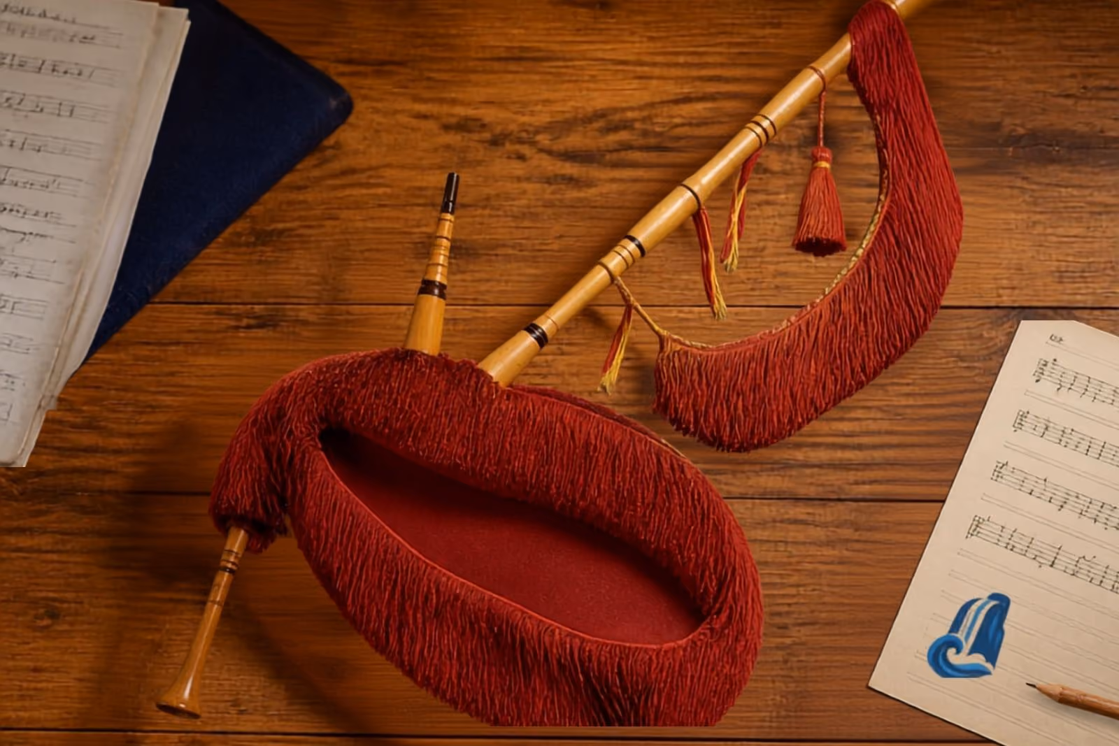 Gaita asturiana de fuelle rojo en primer plano sobre una mesa de madera, junto a partituras manuscritas y el logo de EMTI Fervienza