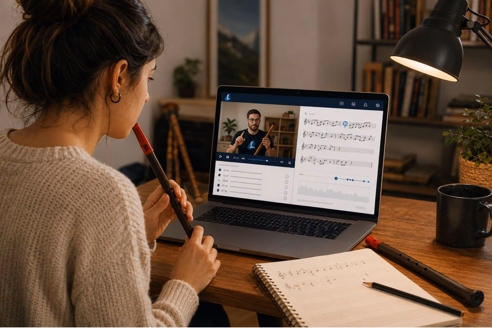 Mockup d'une élève revoyant chez elle l'enregistrement de son cours de tin whistle sur la plateforme propre d'EMTI Fervienza, avec partition interactive et suivi de progression