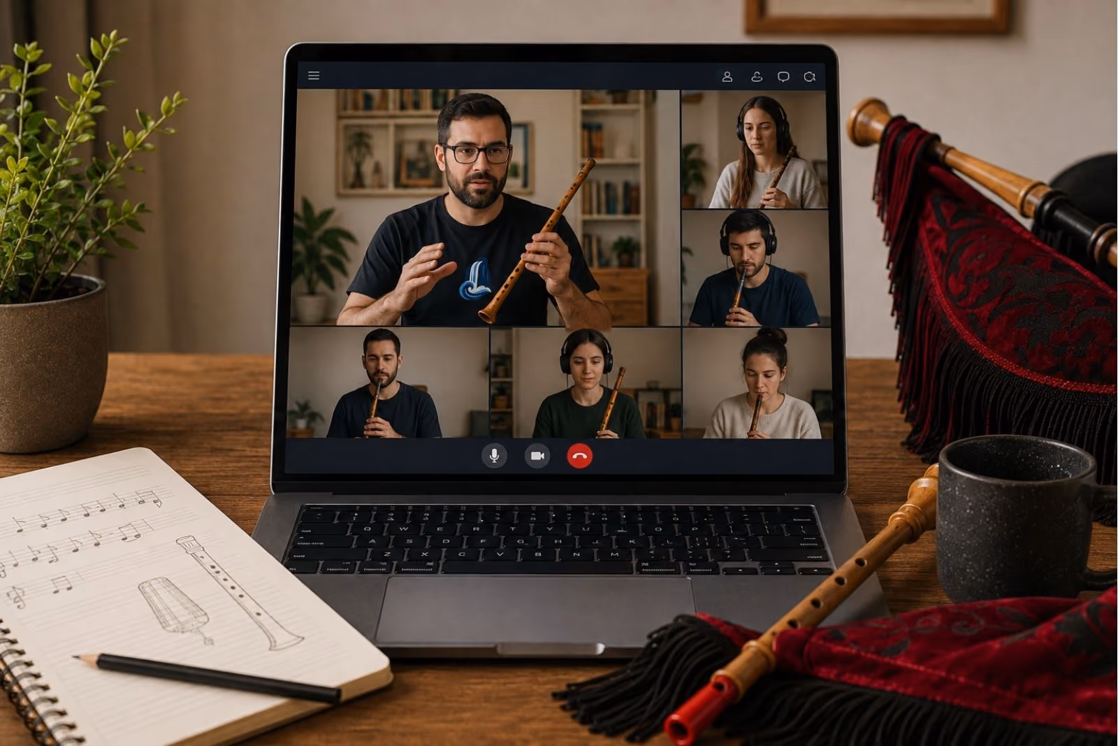 Mockup de un Taller de tin whistle en directo con Tever Díaz García, con vista de la plataforma propia en desarrollo