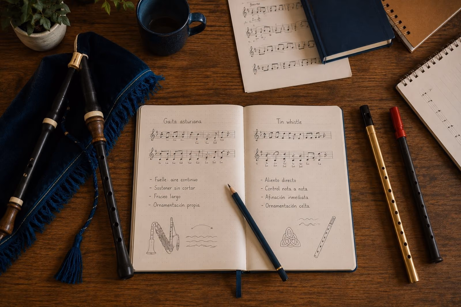 Cuaderno abierto con dos pautas musicales manuscritas, una para gaita asturiana y otra para tin whistle, junto a ambos instrumentos sobre una mesa de madera